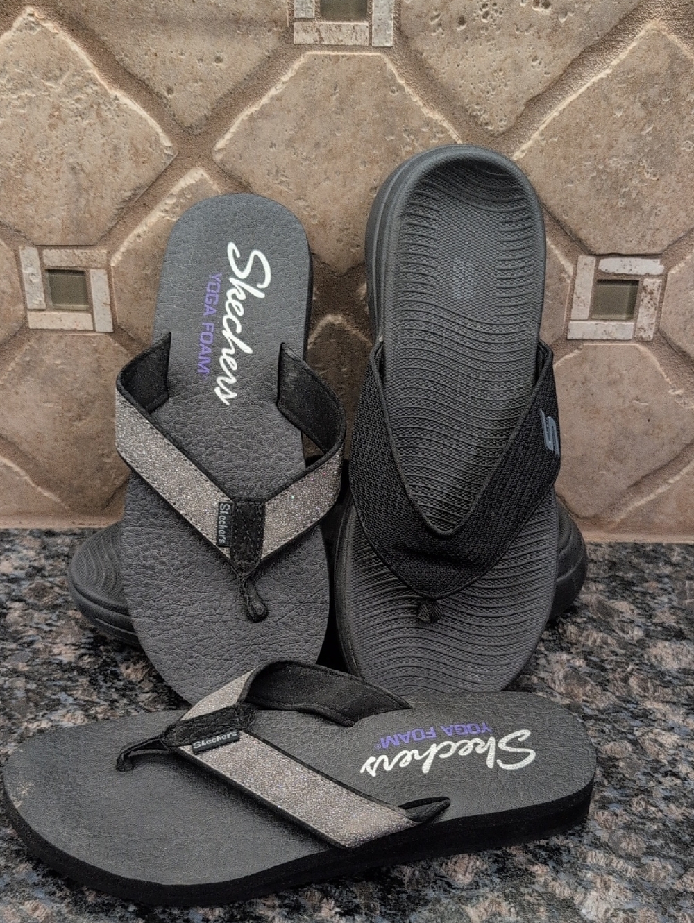 Skechers LOT of 2 Black and Silver Foam Flip Flops with Shimmery Straps